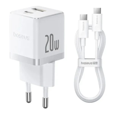 мережевий зарядний пристрій baseus palm fast charger (p10111608213-01) 1usb/qc3.0 + 1type-c/pd 20w + (type-c - type-c 60w) (білий) 