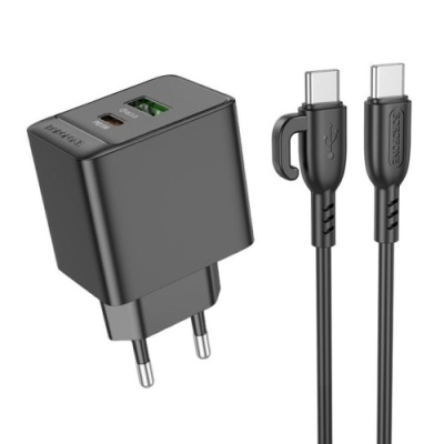 мережевий зарядний пристрій borofone bas14a erudite 1usb/18w/qc3.0 + 1type-c/20w/pd + (type-c - type-c) (чорний) 