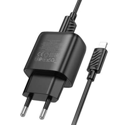 мережевий зарядний пристрій hoco c141a 2usb/2.1a + (usb - lightning) (чорний) 