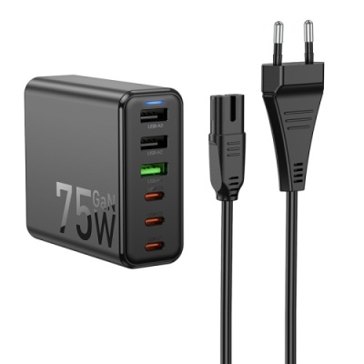 мережевий зарядний пристрій hoco c133a 75w 1usb/18w/qc3.0 + 1type-c/45w/pd (чорний) 