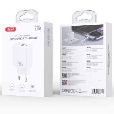 мережевий зарядний пристрій xo ce40 1usb/18w/qc3.0 + 1type-c/20w/pd (бiлий) 