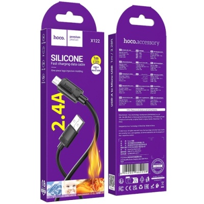 кабель hoco x122 silicone usb - microusb 2.4a/1m (чорний) 