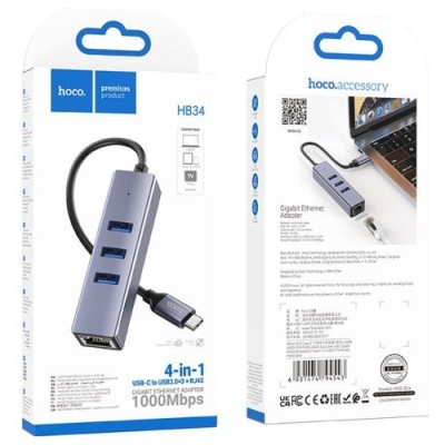 usb hub hoco hb34 type-c easy link gigabit network adapter (type-c to usb3.0*3+rj45) 0,15m metal grey 