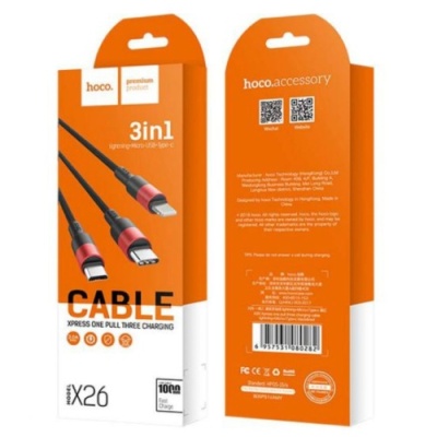 кабель hoco x26 xpress 3in1 usb - (lightning+microusb+type-c) 2.0a/1m (чорно-червоний) 