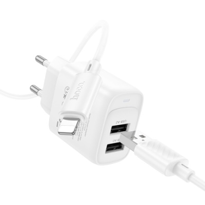 мережевий зарядний пристрій hoco c141a 2usb/2.1a + (usb - lightning) (білий) 