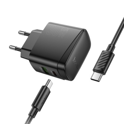 мережевий зарядний пристрій hoco cs61a 1usb/18w/qc3.0 + 1type-c/30w/pd + (type-c - type-c) (чорний) 