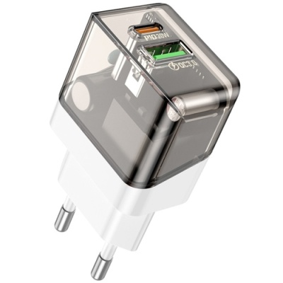 мережевий зарядний пристрій borofone ba80a 1usb/18w/qc3.0 + 1type-c/20w/pd (прозоро-чорний) 