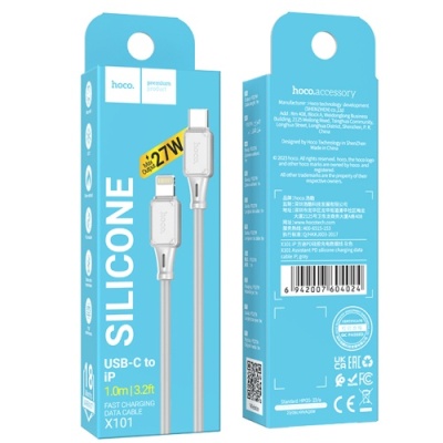 кабель hoco x101 silicone (pd) type-c - lightning 27w/1m (сірий) 