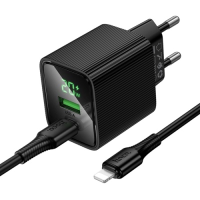 мережевий зарядний пристрій hoco cs83a 1usb/18w/qc3.0 + 1type-c/20w/pd + (type-c - lightning) (чорний) 