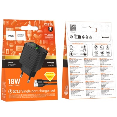мережевий зарядний пристрій hoco cs81a 1usb/18w/qc3.0 + (usb - type-c) (чорний) 