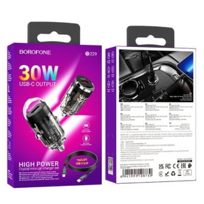 Автомобільний Зарядний Пристрій Borofone BZ29 1Type-C/30W/PD + (Type-C - Lightning) (Чорний)