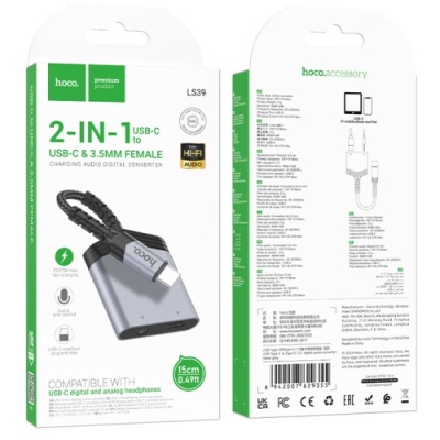 перехідник hoco ls39 type-c - type-c power + jack 3.5 (чорний) 