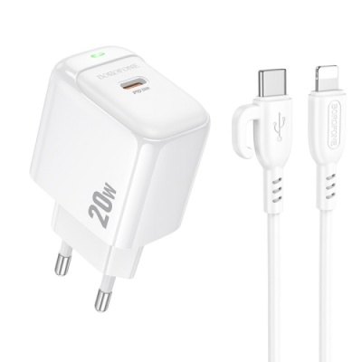мережевий зарядний пристрій borofone bas43a 1type-c/20w/pd + (type-c - lightning) (білий) 