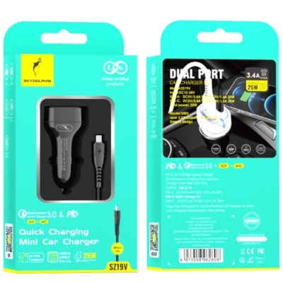Автомобільний Зарядний Пристрій SkyDolphin SZ19V 1USB/20W/QC3.0 + 1Type-C/20W/PD + (USB - MicroUSB) (Чорний)