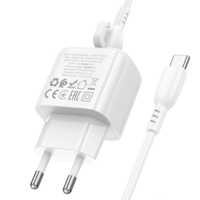 мережевий зарядний пристрій borofone bas42a 1usb/18w/qc3.0 + (usb - type-c) (білий) 