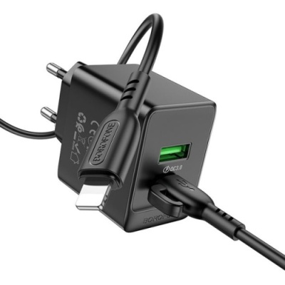 мережевий зарядний пристрій borofone bas14a erudite 1usb/18w/qc3.0 + 1type-c/20w/pd + (type-c - lightning) (чорний) 