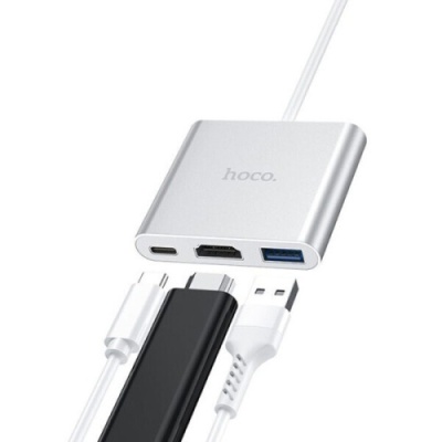 usb hub hoco hb14 type-c to usb3.0+hdmi+pd (сірий) 