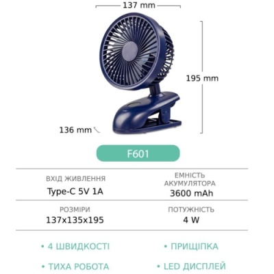 настільний бездротовий вентилятор gxqc f601 з прищіпкою (темно-синій) 