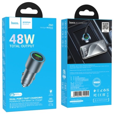 Автомобільний Зарядний Пристрій Hoco Z60 1USB/18W/QC3.0 + 1Type-C/30W/PD (Сірий)