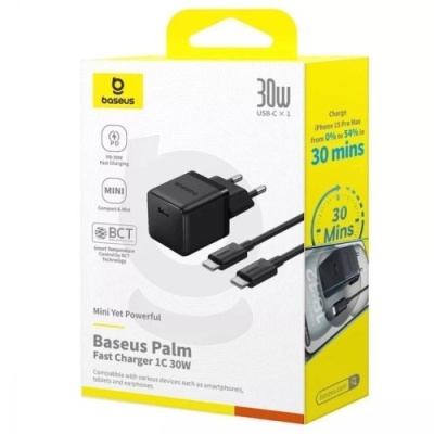 мережевий зарядний пристрій baseus palm fast charger (p10111605113-01) 1type-c/30w/pd +(type-c - type-c 60w) (чорний) 