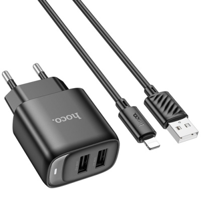 мережевий зарядний пристрій hoco c141a 2usb/2.1a + (usb - lightning) (чорний) 