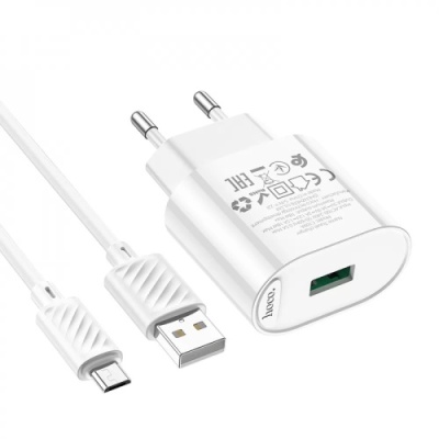 мережевий зарядний пристрій hoco c109a fighter 1usb/18w/qc3.0 + (usb - microusb) (білий) 