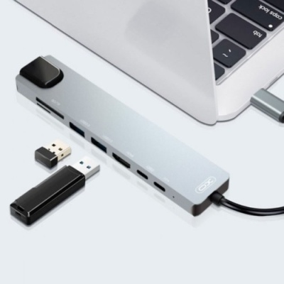 usb hub адаптер xo-hub003 2 usb/type c/pd/hdmi 4k/sd/tf/rj45 8 in 1 (чорний) 