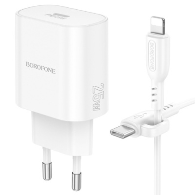 мережевий зарядний пристрій borofone ba82a power 1type-c/25w/pd + (type-c - lightning) (білий) 