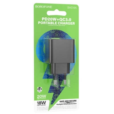 мережевий зарядний пристрій borofone bas14a erudite 1usb/18w/qc3.0 + 1type-c/20w/pd (чорний) 