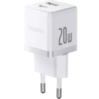 мережевий зарядний пристрій baseus palm fast charger (p10111608213-00) 1usb/qc3.0 + 1type-c/pd 20w (білий) 