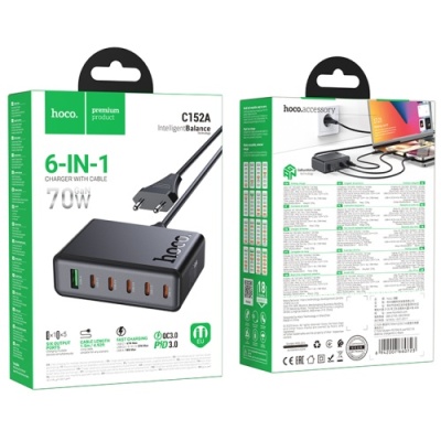 мережевий зарядний пристрій hoco c152a pd70w+ qc3.0 (1usb/5type-c/3a) (чорний) 