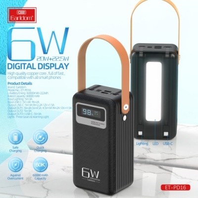 додаткова батарея power bank earldom et-pd16 60000 mah vs led lamp pd20w+qc3.0 22.5w (чорний) 