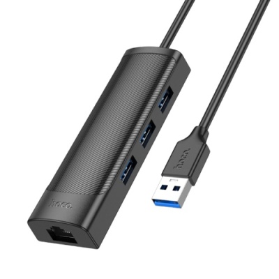 usb hub hoco hb42 easy safety 4-in-1 gigabit ethernet adapter(usb to usb3.0*3+rj45) black 