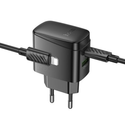 мережевий зарядний пристрій hoco cs61a 1usb/18w/qc3.0 + 1type-c/30w/pd + (type-c - lightning) (чорний) 