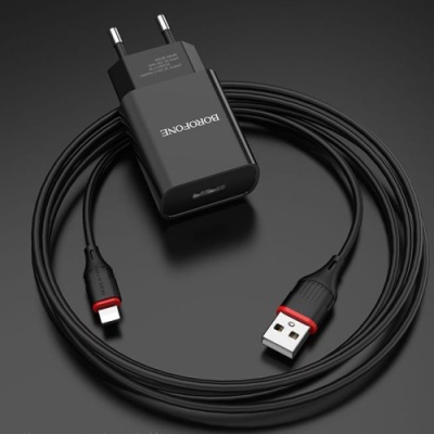 мережевий зарядний пристрій borofone ba20a 1usb/2.1a + (usb - lightning) (чорний) 