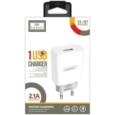 мережевий зарядний пристрій earldom es-197c 1usb/2.1a + (usb - type-c) (білий) 