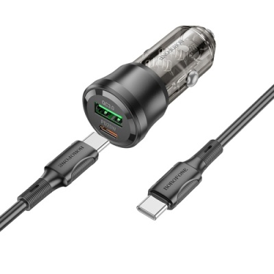 Автомобільний Зарядний Пристрій Borofone BZ25 38W 1USB/18W/QC3.0 + 1Type-C/20W/PD + (Type-C - Type-C) (Прозоро-Чорний)