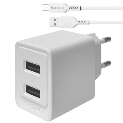 мережевий зарядний пристрій earldom es-eu44m 2usb/2.4a/12w + (usb - micro) (білий) 