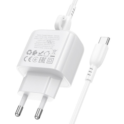 мережевий зарядний пристрій borofone bas43a 1type-c/20w/pd + (type-c - type-c) (білий) 