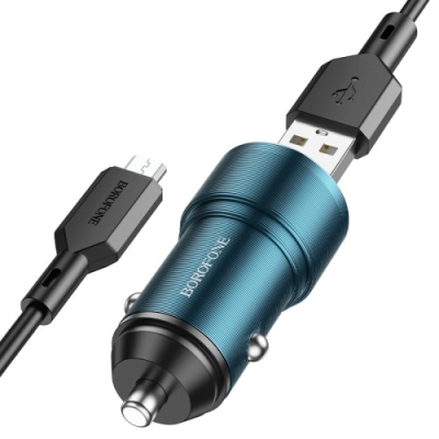 Автомобільний Зарядний Пристрій Borofone BZ19A Wisdom 1USB/18W/QC3.0 + (USB - MicroUSB) (Синій)