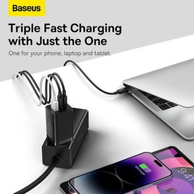 мережевий зарядний пристрій baseus gan5 pro fast charger (ccgp120201) eu 1usb/60w/qc4.0 + 2type-c/65w/pd + (type-c - type-c) 100w/1m (чорний) 