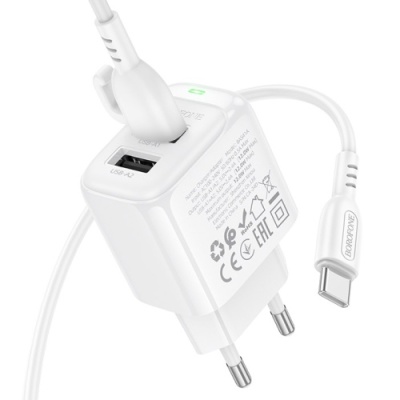 мережевий зарядний пристрій borofone bas41a 2usb/12w/2.4a + (usb - type-c) (білий) 