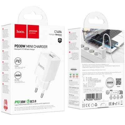мережевий зарядний пристрій hoco c149a 1usb/18w/qc3.0 + 1type-c/30w/pd (бiлий) 