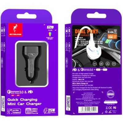 Автомобільний Зарядний Пристрій SkyDolphin SZ19 1USB/20W/QC3.0 + 1Type-C/20W/PD (Чорний)