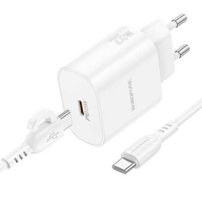 мережевий зарядний пристрій borofone ba82a power 1type-c/25w/pd + (type-c - type-c) (білий) 
