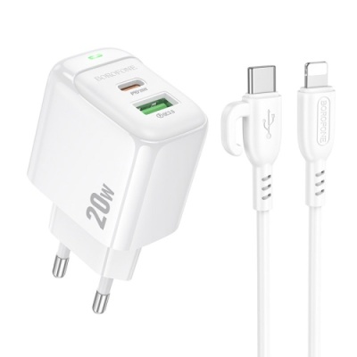 мережевий зарядний пристрій borofone bas44a 1usb/18w/qc3.0 + 1type-c/20w/pd + (type-c - lightning) (білий) 