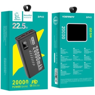 додаткова батарея power bank vdenmenv dp-45, 20000mah 22,5w+pd+qc 3.0+display (чорний) 