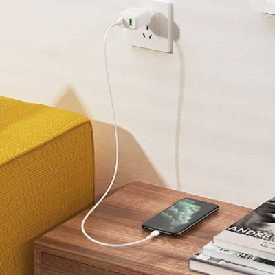 мережевий зарядний пристрій hoco n5 1usb/18w/qc3.0 + 1type-c/20w/pd + (type-c - lightning) (білий) 