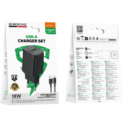 мережевий зарядний пристрій borofone bas82a qc3.0 (1usb/3a) + usb - microusb (чорний) 