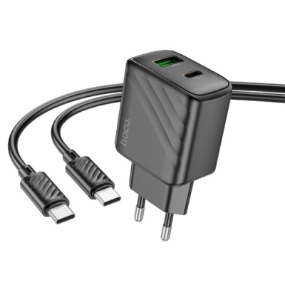 мережевий зарядний пристрій hoco cs23a 1usb/18w/qc3.0 + 1type-c/30w/pd + (type-c - type-c) (чорний) 